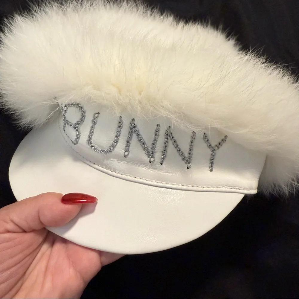 Vintage Real Fur &‎ Leather Snow Bunny Visor Hat Pom Poms White Ski Glam
